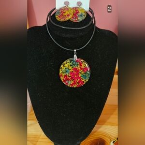 Red and Yellow Mosaic Necklace with Bold Pendant
